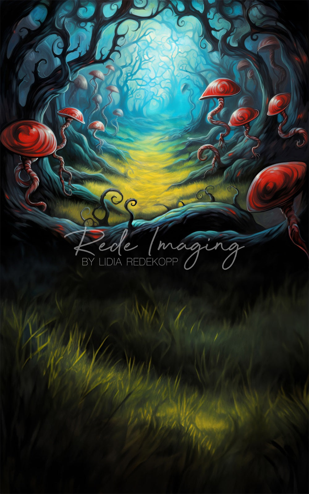Kate Sweep Fantasy Dark Red Mushroom Light Green Meadow Forest Backdrop Designed by Lidia Redekopp