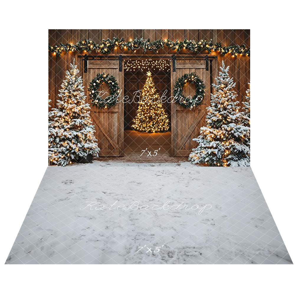 Kate Christmas Tree Barn Door Lights Backdrop+Winter Snowy Ground Floor Backdrop