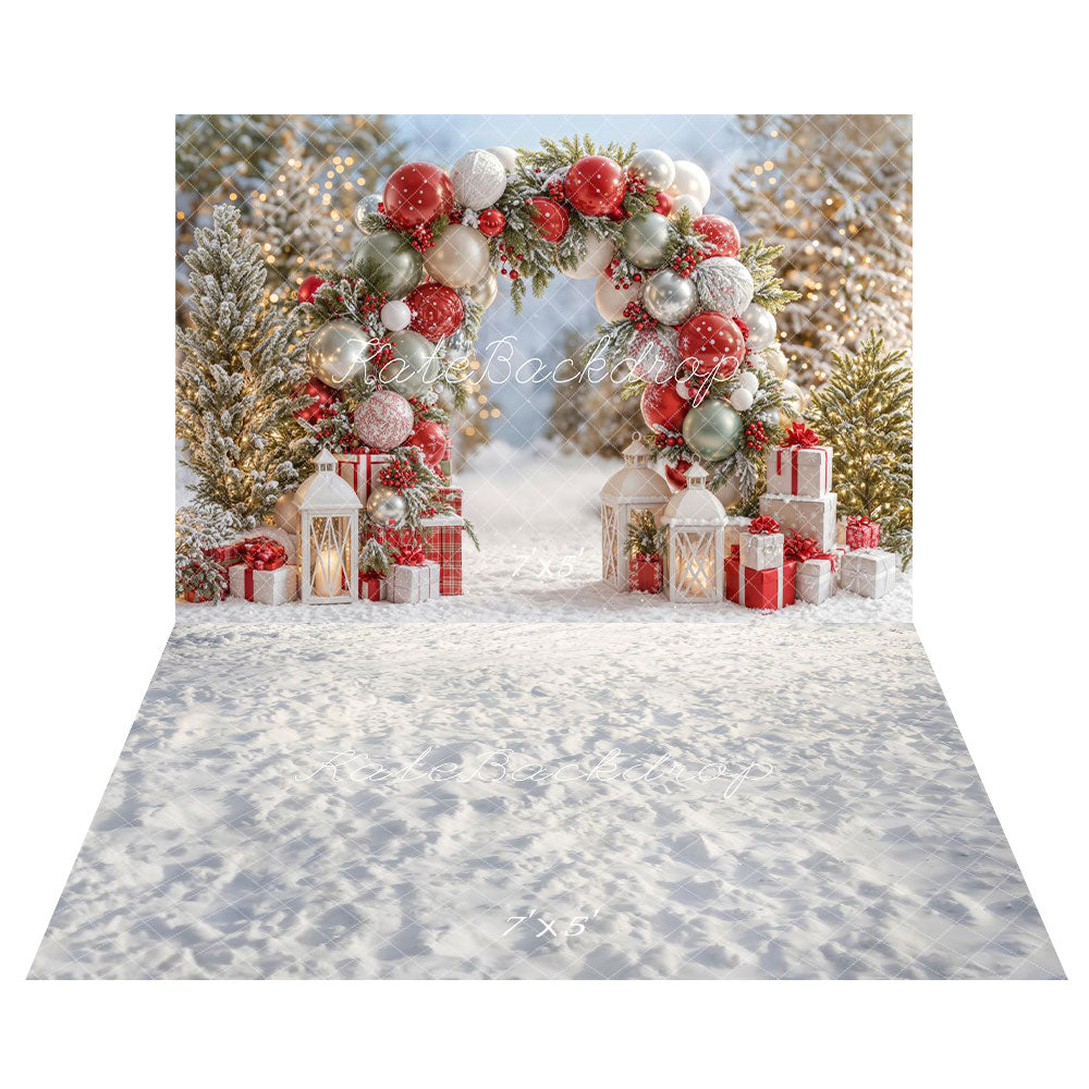 Kate Christmas Balloon Arch Snow Gifts Backdrop+Winter Snow Texture Floor Backdrop