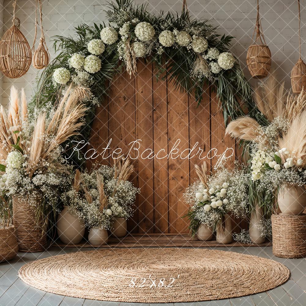 Kate Boho Pampes Flower Arch Wooden Door Backdrop Designed by Emetselch